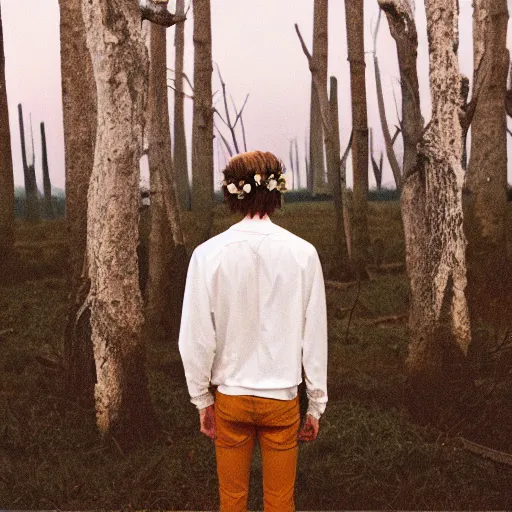 Image similar to kodak portra 4 0 0 photograph of a skinny blonde guy standing in field of dead trees, back view, flower crown, moody lighting, telephoto, 9 0 s vibe, blurry background, vaporwave colors, faded!,