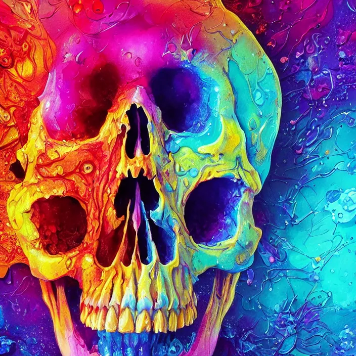 Image similar to illustration of a colorfull melting human skull. flowers and blossoms, ferrofluids, burning water distortions. intricate abstract. intricate artwork. by Tooth Wu, wlop, beeple, dan mumford. octane render, trending on artstation, greg rutkowski very coherent symmetrical artwork. cinematic, hyper realism, high detail, octane render, 8k, depth of field, bokeh. iridescent accents