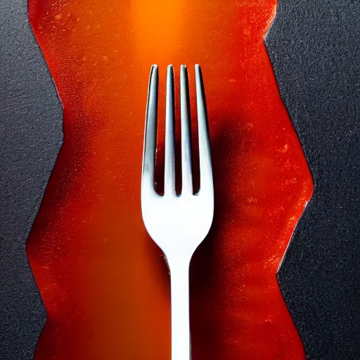 Prompt: a photorealistic fork in the crimson-black honeycomb, dripping honey, professional food photography, Movie Still, Triadic color grading.