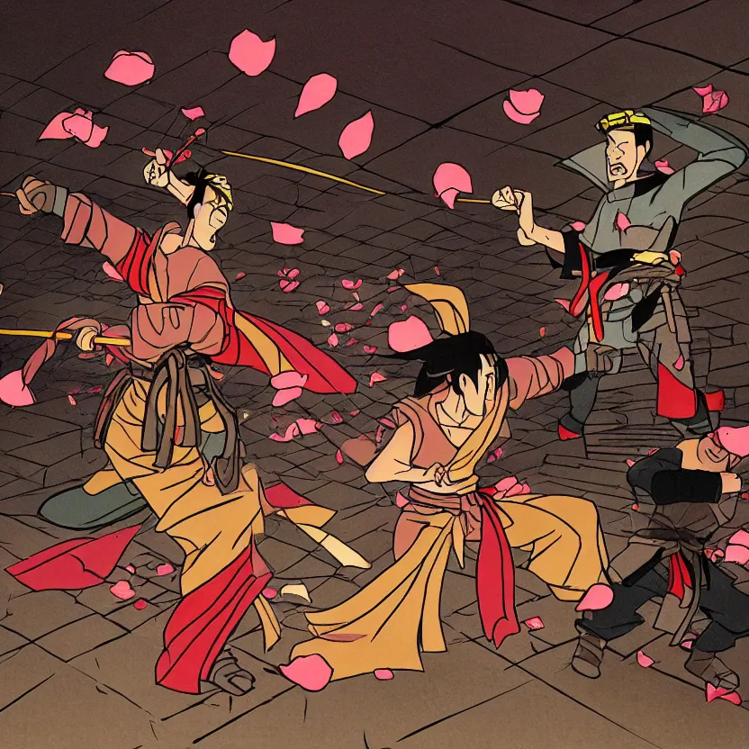 Prompt: cartoon of cyber samurai fighting in an old temple at night, rose petals being blown by the wind, studio lighting, drawn by genndy tartakovsky