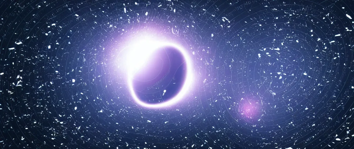 Prompt: realistic photo of one black hole in space, rhizomatic network, volumetric, particles, physical, translucence, cinematic lighting, iridescence