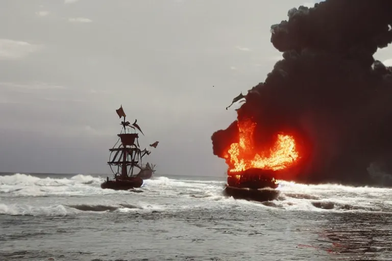 Prompt: vfx movie closeup portrait pirate crew running down beach as pirate ship fires canons, 8 5 mm sand explosion by emmanuel lubezki