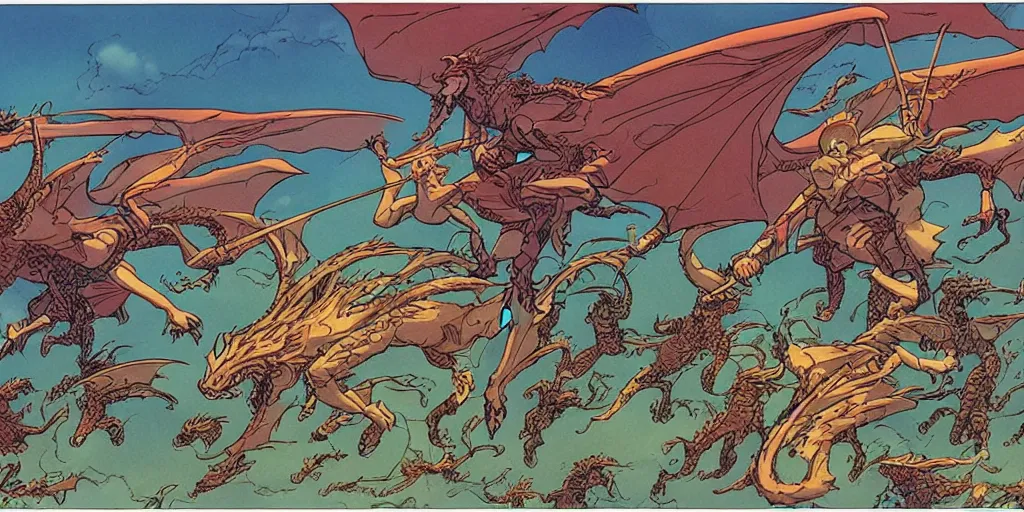 Prompt: dragonriders flying, casting magic, epic scene, 8k, illustration, art by ghibli moebius, comics art