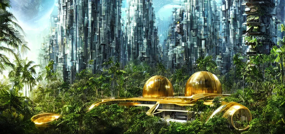 Image similar to futuristic shinny golden building in an jungle landscape of a biopunk city by artgerm, movie poster, film still