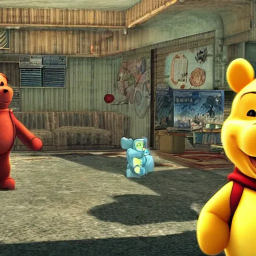 Prompt: screenshot of Keanu Reeves and Winnit the Pooh in fallout new vegas