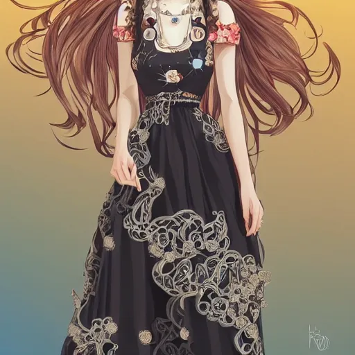 Prompt: a portrait of a cute woman with a big smile and long flowy hair, digital painting by ilya kuvshinov, wearing an ornate dress with lots of necklaces, by reiq, by takeshi obata, beautiful woman, hiromu arakawa, masashi kishimoto, 4 k wallpaper, masterpiece, gorgeous, stunning