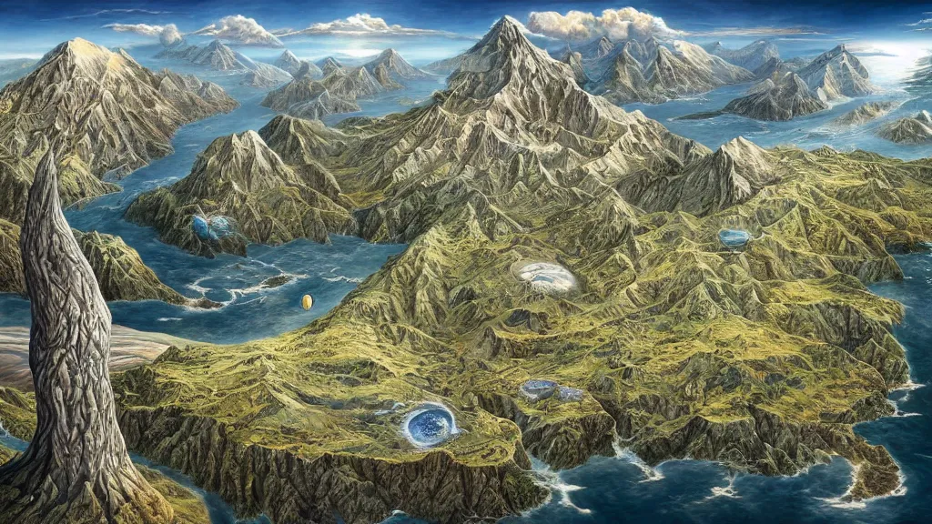 Prompt: surreal map of middle earth in the styles of igor morski, jim warren, and rob gonsalves, intricate, accurate geography, volumetric lighting, serene, imaginative