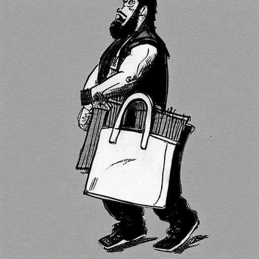 Image similar to “a bearded dwarf carrying a big bag, style of takehiko inoue”