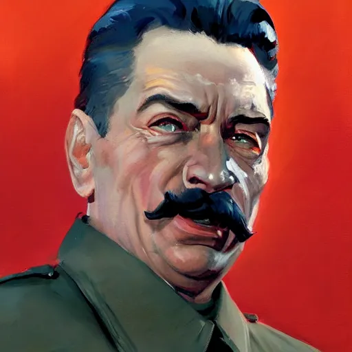 Prompt: greg manchess portrait painting of stalin as t - 8 0 0 terminator, medium shot, asymmetrical, profile picture, organic painting, sunny day, matte painting, bold shapes, hard edges, street art, trending on artstation, by huang guangjian and gil elvgren and sachin teng