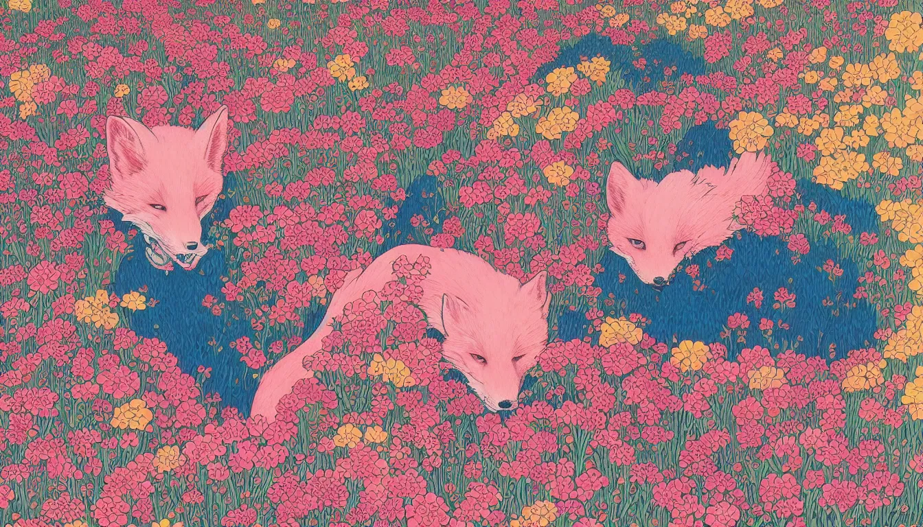 Image similar to pink fox head popping out of a field of multi colored flowers by kilian eng, victo ngai, josan gonzalez, hokusai