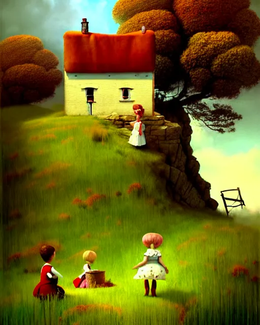 Image similar to a painting of a cottage built on the side of a cliff with children playing in the field, in the style of ray caesar, digital art