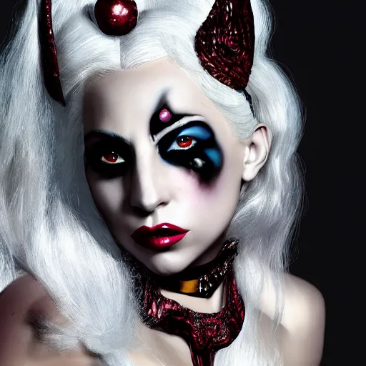 Image similar to detailed 4 k photorealistic lady gaga as harley queen make up and costum in the style of nick ut and eddie adams and margaret bourke and yousuf karshs and alfred eisenstaedt