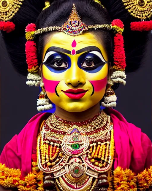 Prompt: photo of a gorgeous young Kathakali dancer wearing elaborate makeup in the style of stefan kostic, realistic, sharp focus, symmetric, 8k high definition, insanely detailed, intricate, elegant, art by stanley lau and artgerm, William-Adolphe Bouguereau, Penelope Cruz