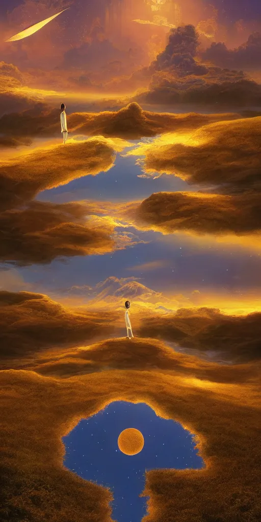 Image similar to symmetry!! surreal landscape of a dream, lucid dream, people, very detailed, serene, peaceful, golden hour, perfect lighting, perfect composition, digital art, illustration, tim white, 4 k