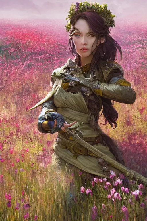 Image similar to A high fantasy female dnd ranger standing in the middle of the field of flowers by Eddie Mendoza face close up official media beautiful detailed high quality