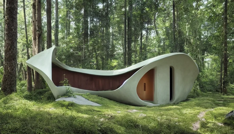 Prompt: A unique innovative sea ranch style creative cabin in a lush green forest with soft rounded corners and angles, 3D printed line texture, made of cement, connected by sidewalks, public space, and a park, Design and style by Zaha Hadid, Wes Anderson and Gucci