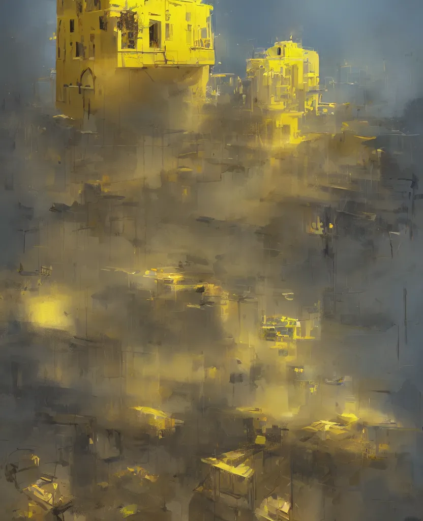 Prompt: a painting of a yellow building floating in the air, concept art by kamal ud - din behzad, artstation, maximalism, official art, concept art, 2 d game art