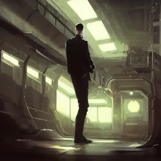 Prompt: concept art by greg rutkowski, a very tall, and slender man with short black hair, sitting with the crew in the ship's bridge, brutalist futuristic interior, dark lighting atmosphere, detailed portraits, nostalgic atmosphere, scifi, digital painting, artstation, concept art, smooth, sharp foccus ilustration, artstation hq