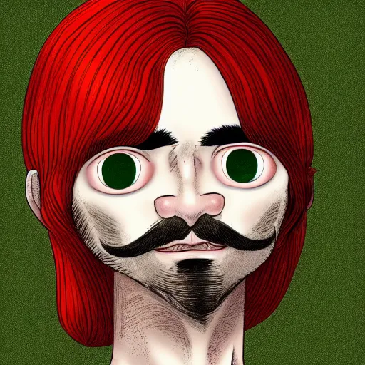 Image similar to young man, long hair, short facial hair, no mustache, dark green eyes, dark eyebrows, light widows peak light facial hair, in the style of junji ito, 8 k, raw, unedited, symmetrical balance, in - frame