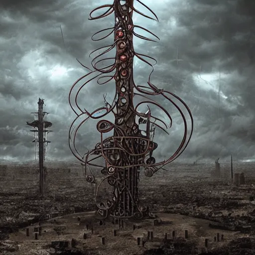 Prompt: giant evil bio-organic fleshy complex machine tower with tendrils and one eyeball at the top looking over a stormy post-apocalyptic wasteland, dystopian art