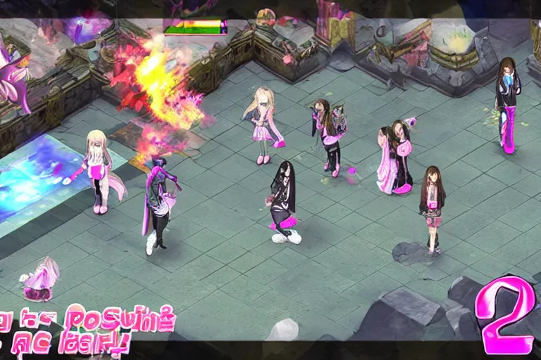 Prompt: BLACKPINK in a JRPG, 3rd person, Nintendo DS game screenshot