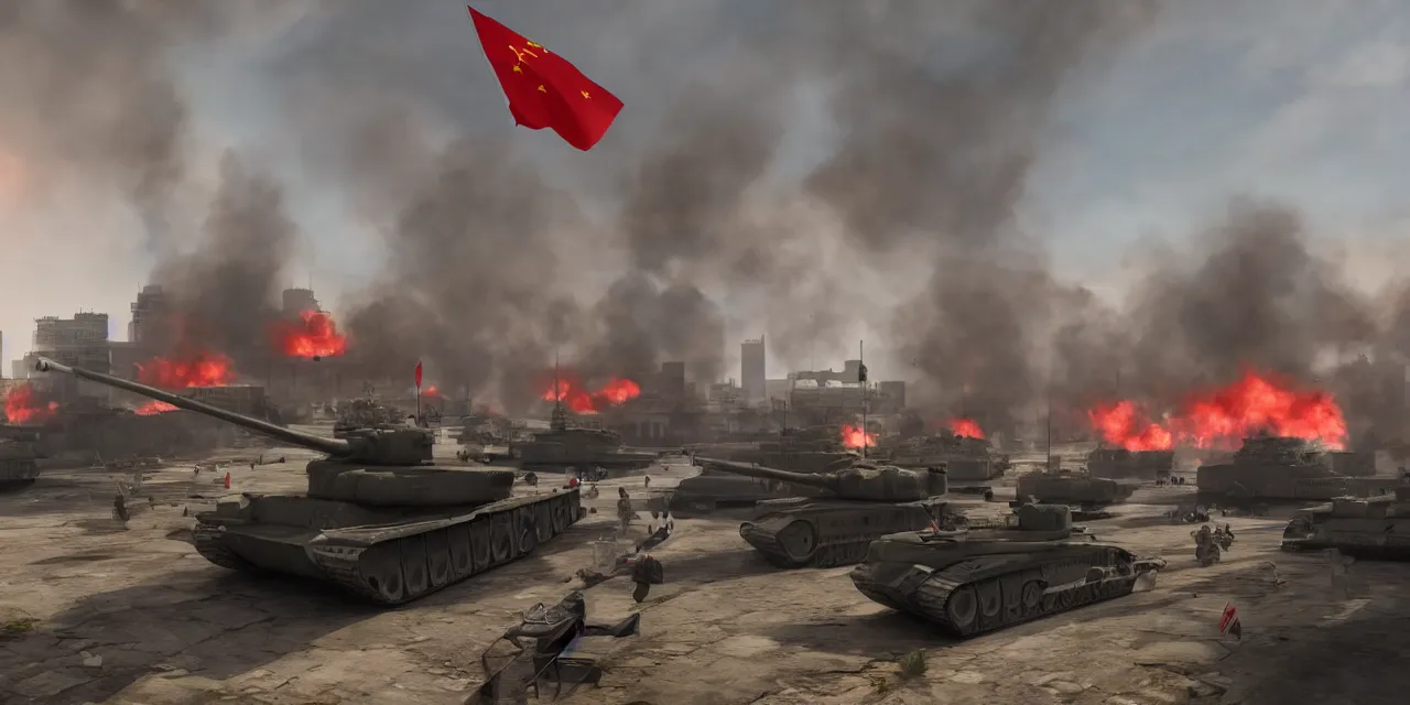 Prompt: tanks burning city, army, china, communist flag, volumetric lighting, unreal engine, realistic