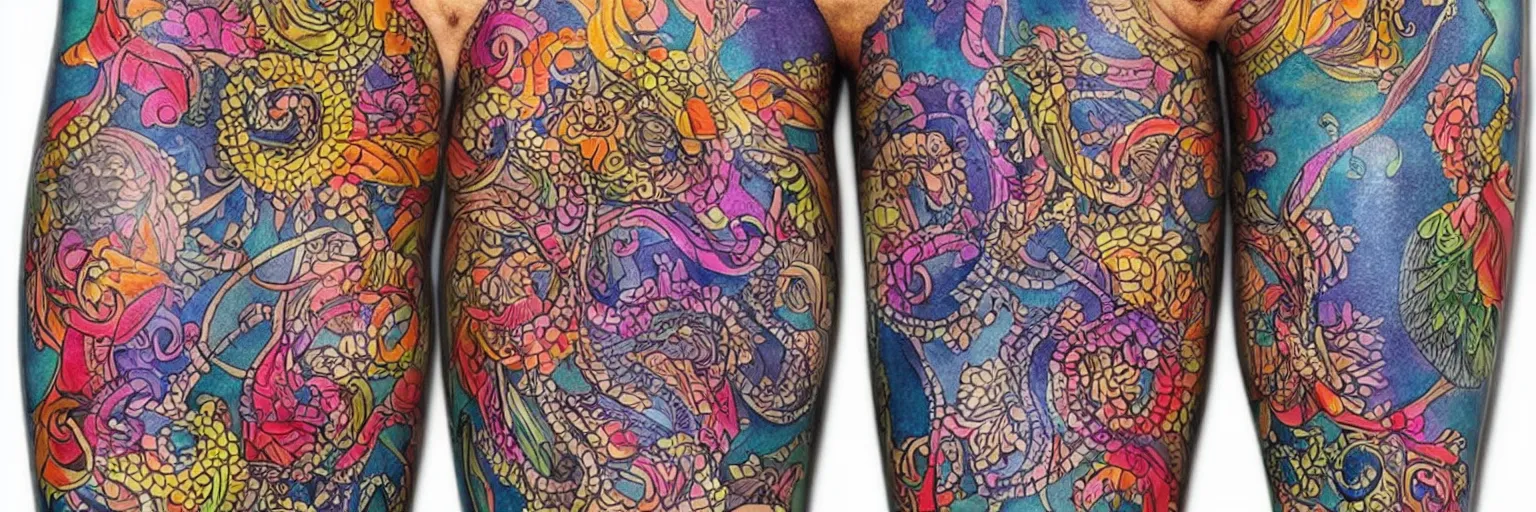 Prompt: intricate colorful tattoos design pattern for legs, by yakuzas, art on a canvas