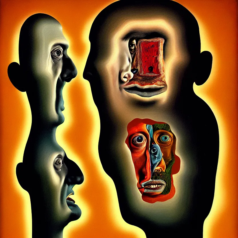 Image similar to a face coming out of a face coming out of a face, recursion, surreal, by salvador dali and david firth, oil on canvas, weird, dreams, soft lighting, warm colors