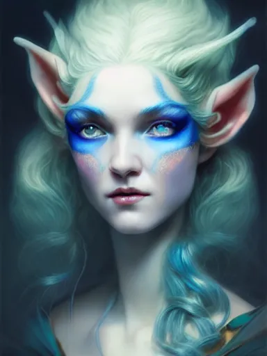 Image similar to the elven queen with blue skin by james jean, charlie bowater, tom bagshaw, nikolay makovsky : : enchanting, ethereal, magical, portrait, character design, illustration, hyperrealism, photorealism, digital art, concept art, fantasy, whimsy, weta, wlop, artstation