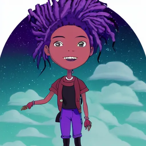 Image similar to black woman with purple dreads longboarding in space in the style of ghibli