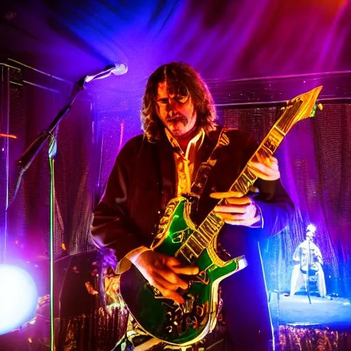 Image similar to New Age Psychedelic Rock band on stage, psychedelic lighting, award winning professional concert photography, epic, hyper realistic