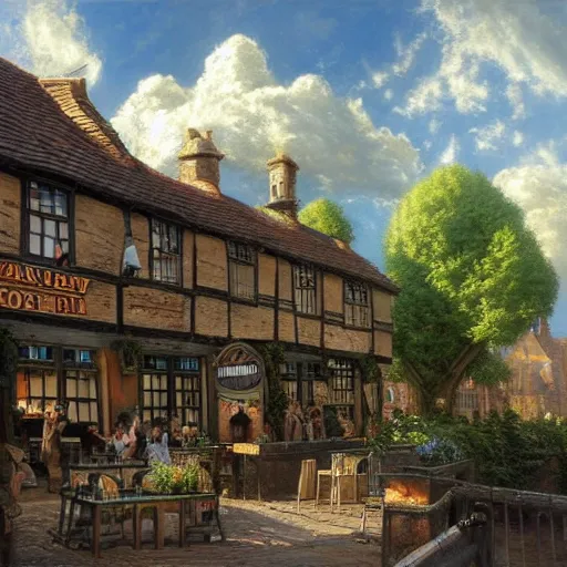 Prompt: a medieval british pub near a canal, beer garden, bright and sunny, cumulonimbus clouds, huge ancient trees, by john howe and thomas kinkade and ted nasmith and greg rutkowski, trending on artstation, cgsociety