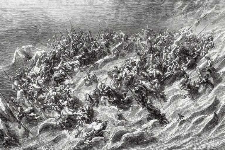 Image similar to aerial view, the biblical crossing of the red sea, Gustave Dore lithography