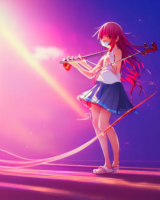 Prompt: anime style, vivid, colorful, full body, a cute girl with white skin and long pink wavy hair holding a violin and playing a song, heavenly, stunning, realistic light and shadow effects, happy, centered, landscape shot, happy, simple background, studio ghibly makoto shinkai yuji yamaguchi