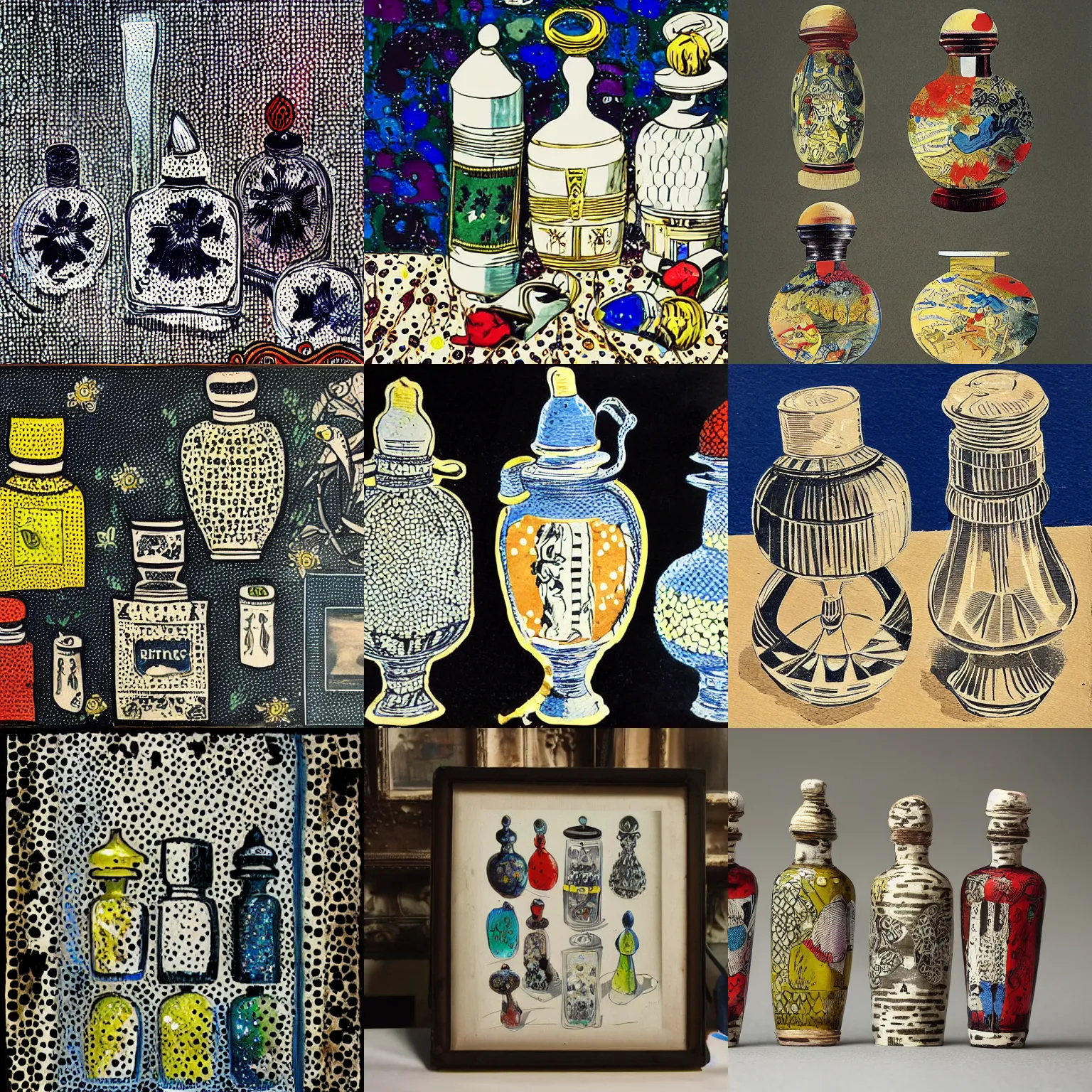 Prompt: 1 8 th century perfume bottles, inkdot painting on old paper by ben - day, art du monde, roy lichtenstein, dot art, epic, masterpiece, illustration, hdr, 8 k