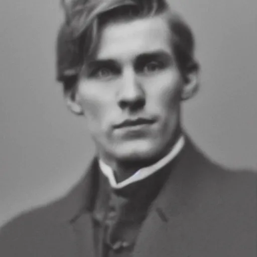 Image similar to A photograph portrait of Jerma985 with short messy hair and wearing an overcoat in the early 1910s, taken in the early 1910s, grainy, taken on a early 1900s Kodak Camera, realistic, hyperrealistic, very realistic, highly detailed, very detailed, extremely detailed, detailed, digital art, trending on artstation