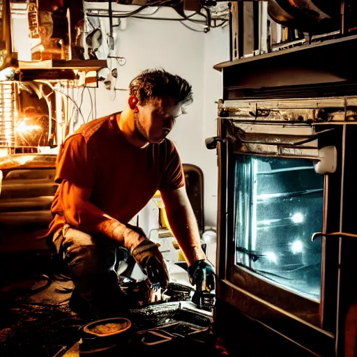 Image similar to technician repairing head of toaster oven mecha, dark messy smoke - filled cluttered workshop, dark, dramatic lighting, orange tint, cinematic, highly detailed, sci - fi, futuristic, movie still