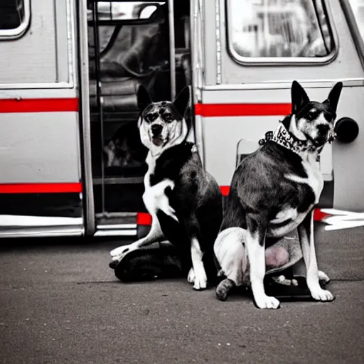 Image similar to !dream a street photo of two dogs sitting in front of the bus