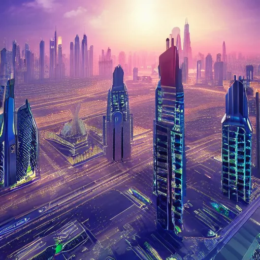 Image similar to futuristic skyline of dubai in the year 2 0 5 0 inspired by cyberpunk with flying spider drones