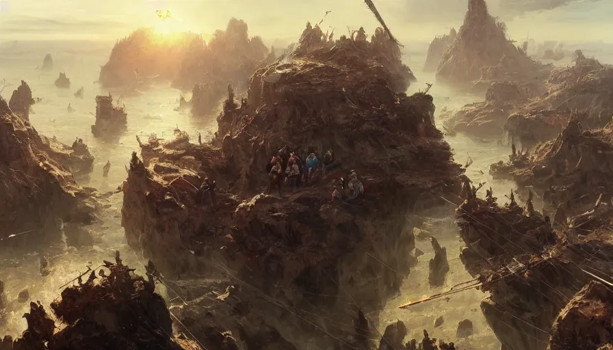 Prompt: barbarians, nodric gods, fighting epic battle on floating islands in the sky, good composition, artstation, 4 k illustration, sharp focus, sunlit, painted by ruan jia, raymond swanland, lawrence alma tadema, zdzislaw beksinski, norman rockwell, jack kirby, tom lovell, alex malveda, greg staples