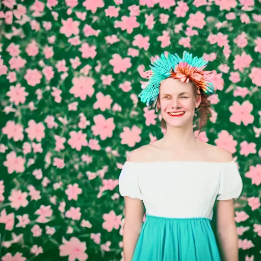 Prompt: a photograph of beautiful nordic woman, duchenne smile, wearing a white folkdrakt dress, she has a summer flower headband. against a teal studio backdrop. strong kodak portra 4 0 0 film look. film grain. cinematic. in - focus