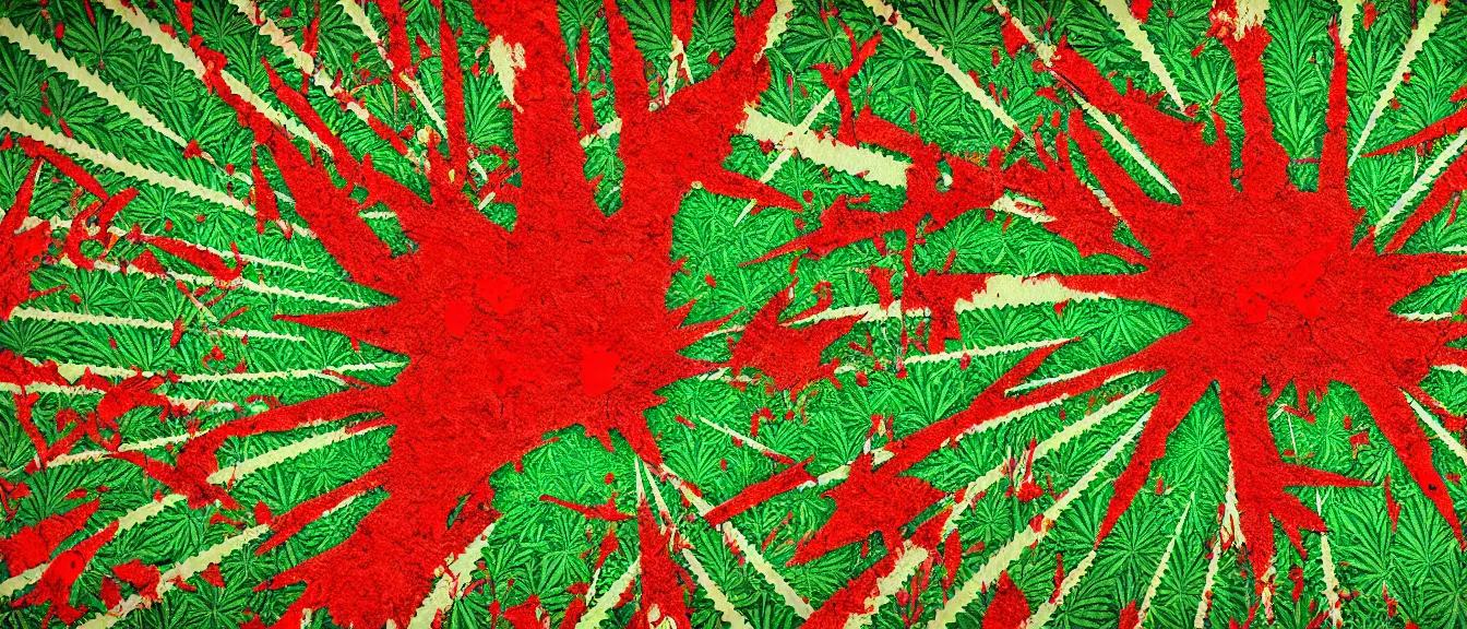 Prompt: cannabis film poster, seamless weed texture, blood splatter on the sides, sharp render, painting, grainy tape, glitch, distortion, few details,