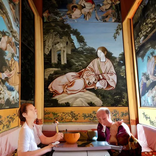 Prompt: drinking tea at a tea house in the style of sistine chapel fresco