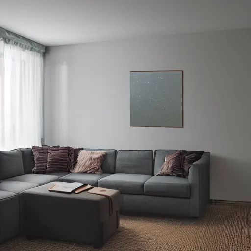 Prompt: the view of a cozy family room where tiny particles of dust briefly float in the outline of a human figure who is suddenly no longer there, sun beams, reflections, ultra realistic, awe inspiring, 8K, UE5