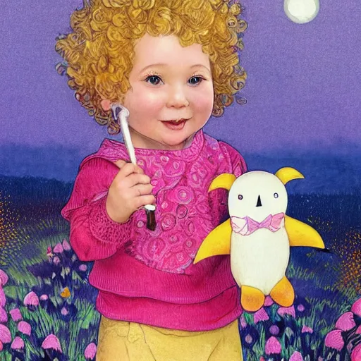 Image similar to a beautiful happy little blonde toddler girl with short curly hair at the park on a beautiful day in the shade, holding a round all-pink stuffed penguin, by Dan Mumford, Junji Murakami, Mucha Klimt, Hiroshi Yoshida and Craig Mullins, featured on Artstation, CGSociety, Behance HD, Deviantart