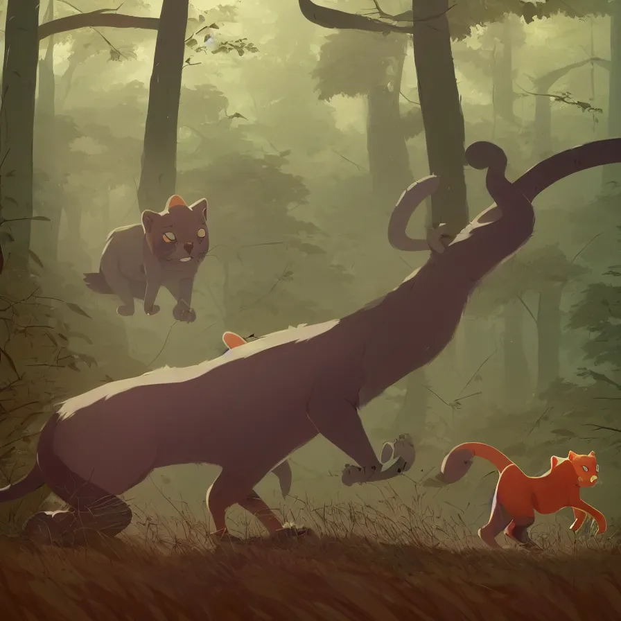 Prompt: Goro Fujita illustrating a big cat calmly walking through the forest, by Goro Fujita, concept art, sharp focus, highly detailed, ArtStation