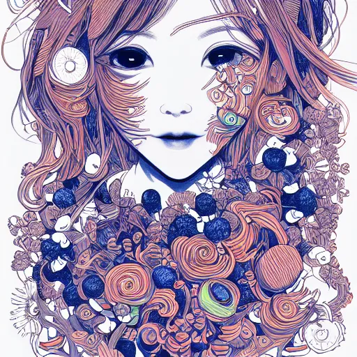 Prompt: the head of an incredibly cute and elegant japanese girl partially made of carrots and blueberries looking up, an ultrafine detailed illustration by james jean, final fantasy, intricate linework, bright colors, behance contest winner, vanitas, angular, altermodern, unreal engine 5 highly rendered, global illumination, radiant light, detailed and intricate environment