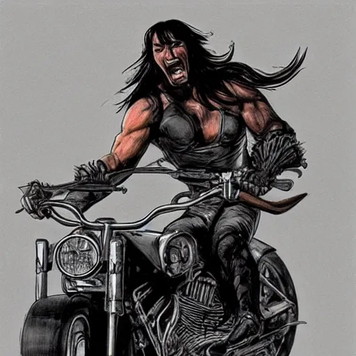 Image similar to concept art conan the barbarian riding a harley davidson