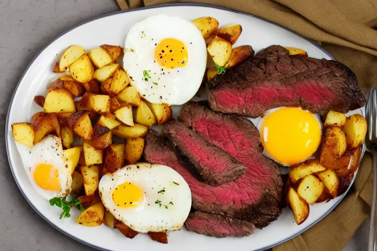 Image similar to a delicious looking plate of steak and eggs, with perfectly seasoned potatoes and breakfast hash browns