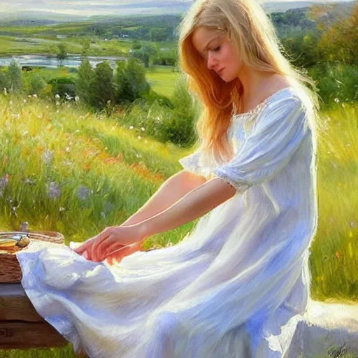 Image similar to blonde woman, nightgown, swedish countryside, archipelago, morning, masterpiece, highly detailed, beautiful, atmospheric, impressionism, painting by Vladimir Volegov